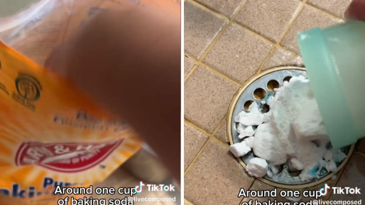 cleaning a shower drain clog with baking soda