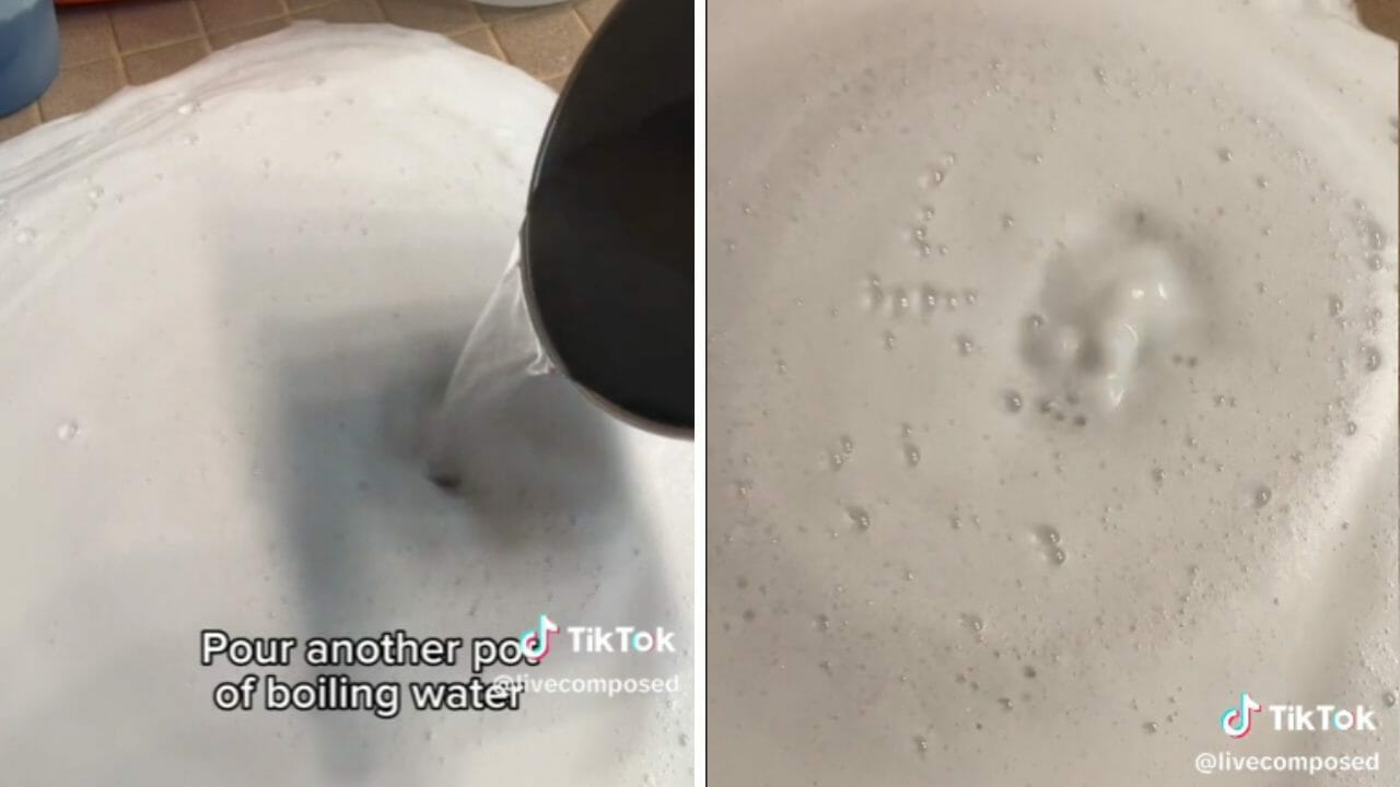 pouring water down clean shower drain