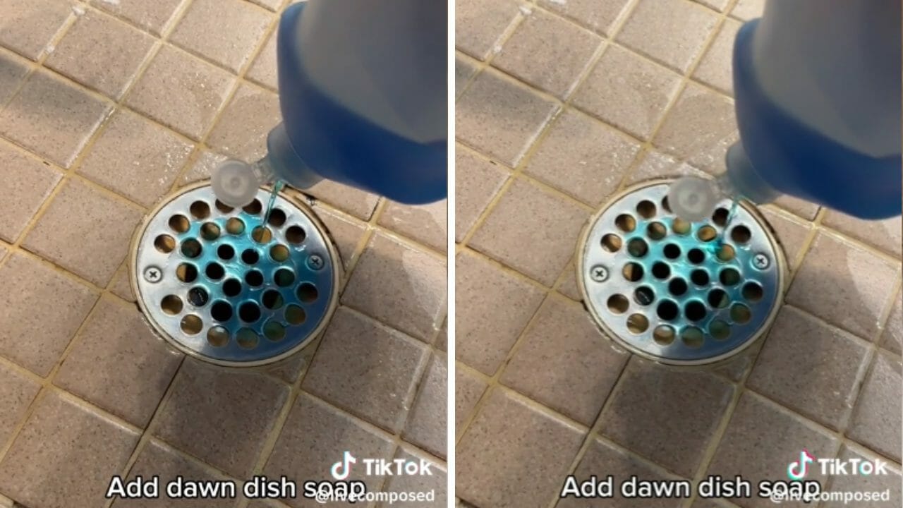cleaning a shower drain with dish soap
