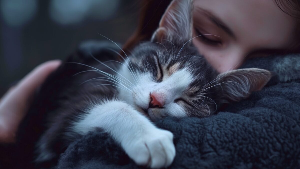 Cat’s Intuition: Offering Comfort & Companionship in Times of Loss - Realistic shot Cat giving physical Comfort mj
