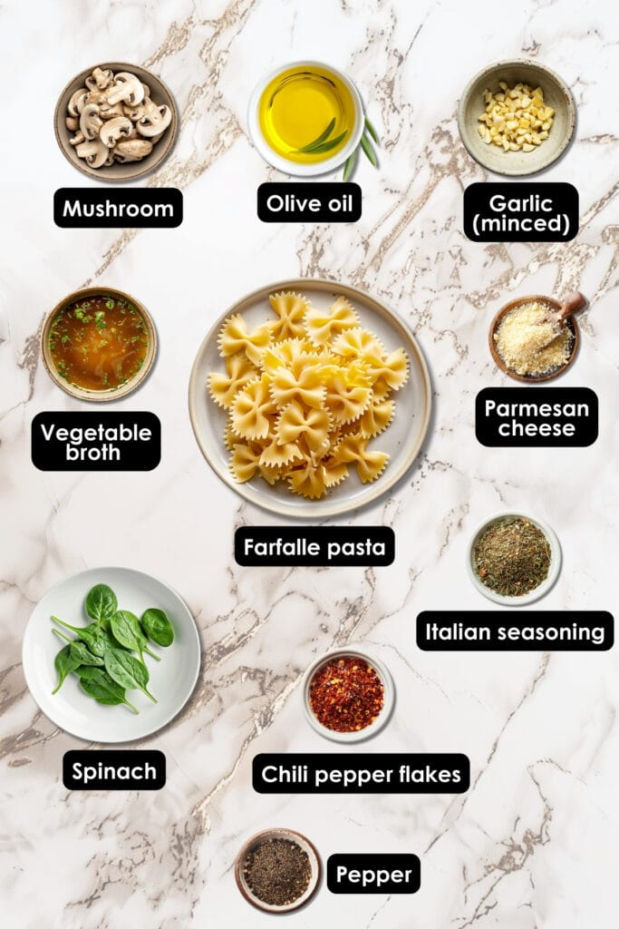 This Parmesan Spinach Mushroom Pasta Skillet Recipe is Savory, Creamy & Ready in Minutes - Parmesan Spinach Mushroom Pasta Skillet Ingredients