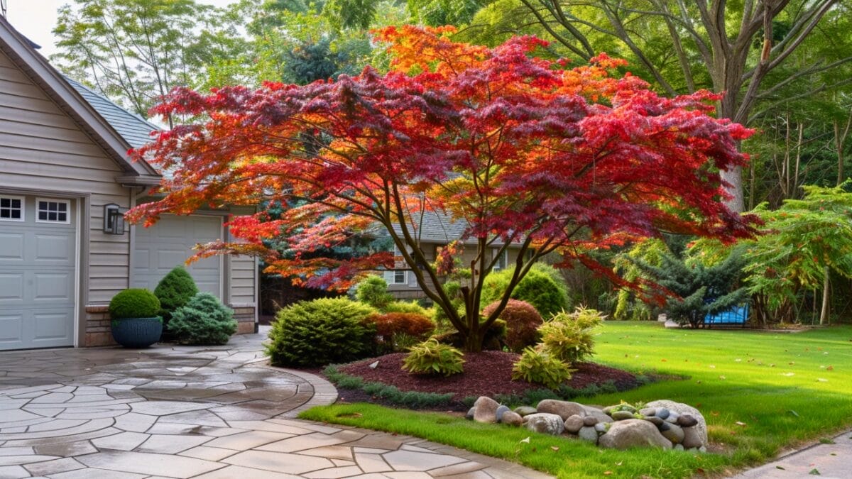 Say Goodbye to Garden Chores with These 20 Maintenance-Free Front Yard Ideas  - japanese maple tree in front yard home