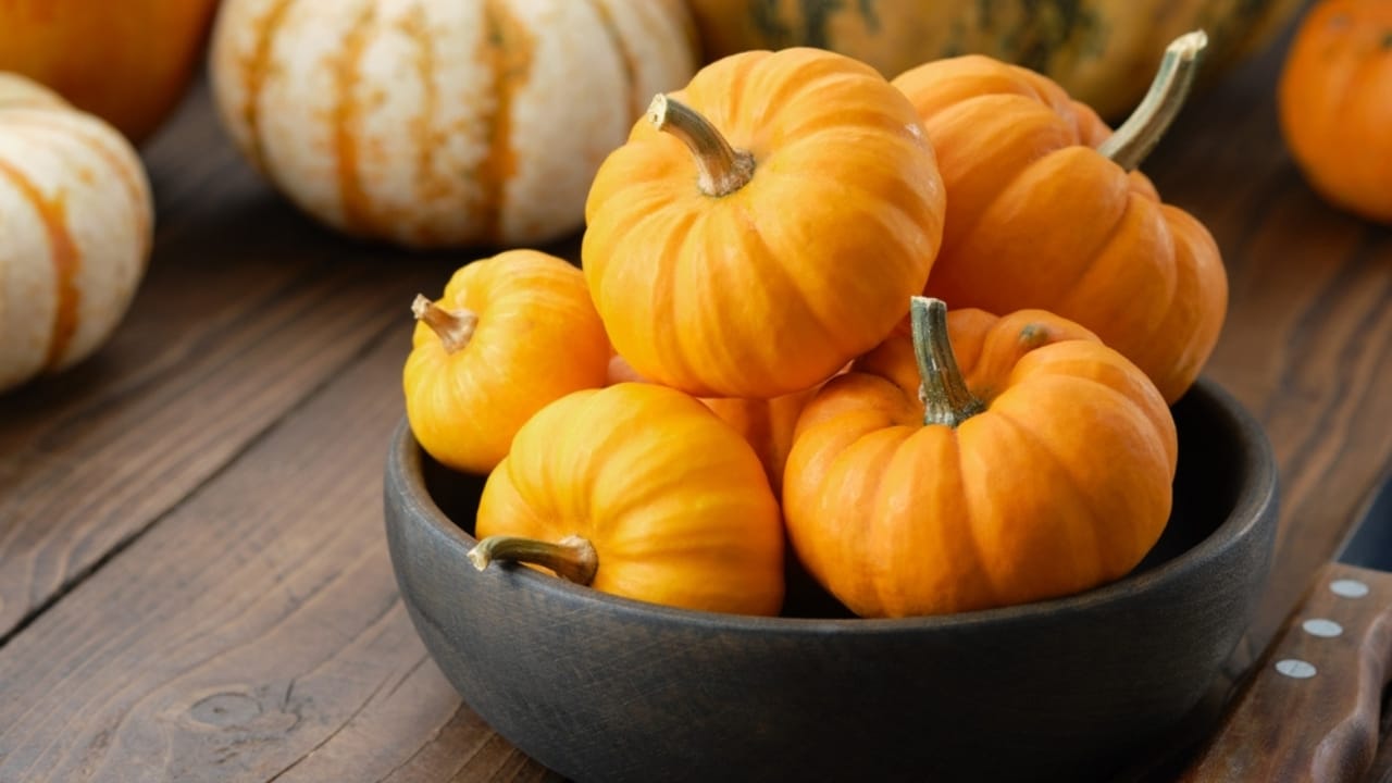 29 Fall Decor Tips for a Warm, Comfy & Inviting Home - bowl of mini pumpkin on wooden kitchen table ss2231424967