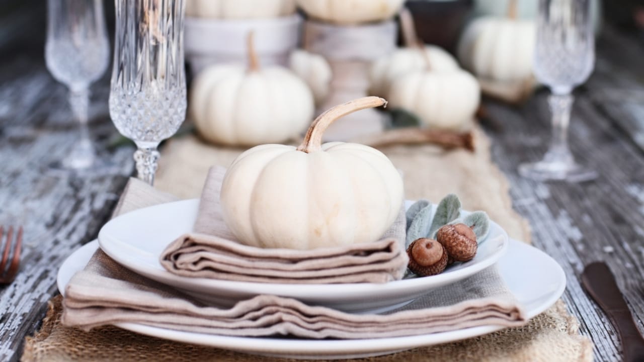 29 Fall Decor Tips for a Warm, Comfy & Inviting Home - fall burlap decor mini white pumpkin rustic farmhouse table ss1139829971