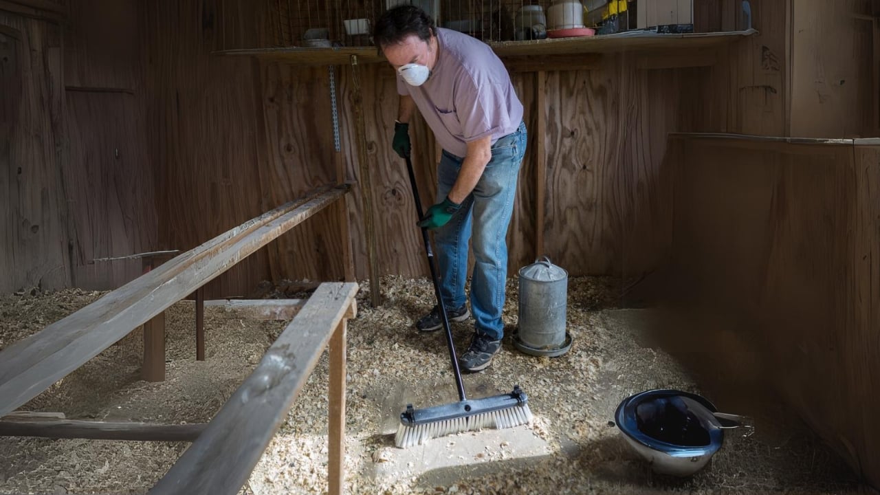 15 Must-Haves for a Safe & Happy Chicken Coop - chicken farmer cleaning chicken coop dp88622316