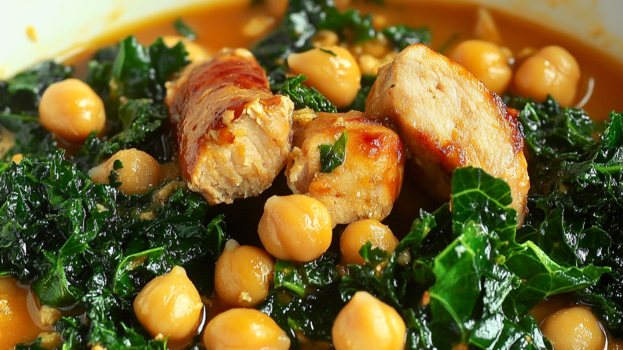 Easy Braised Chicken Sausages with Chickpeas & Kale One-Pot Recipe - Braised Chicken Sausages with Chickpeas and Kale midia