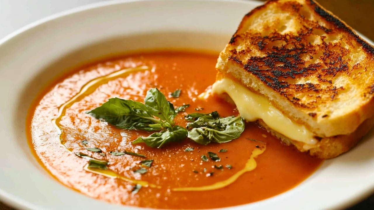 Comfort in a Bowl: Tomato Soup with a Gourmet Twist - Butter Roasted Tomato Soup with Honeyd Brie Grilled Cheese midia