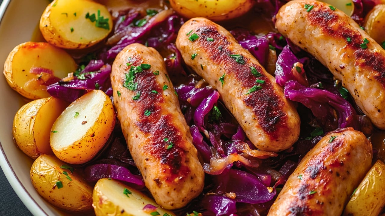 Best Chicken Sausages with Braised Red Cabbage & Potatoes One-Pot Recipe - Chicken Sausages with Braised Red Cabbage and Potatoes midia