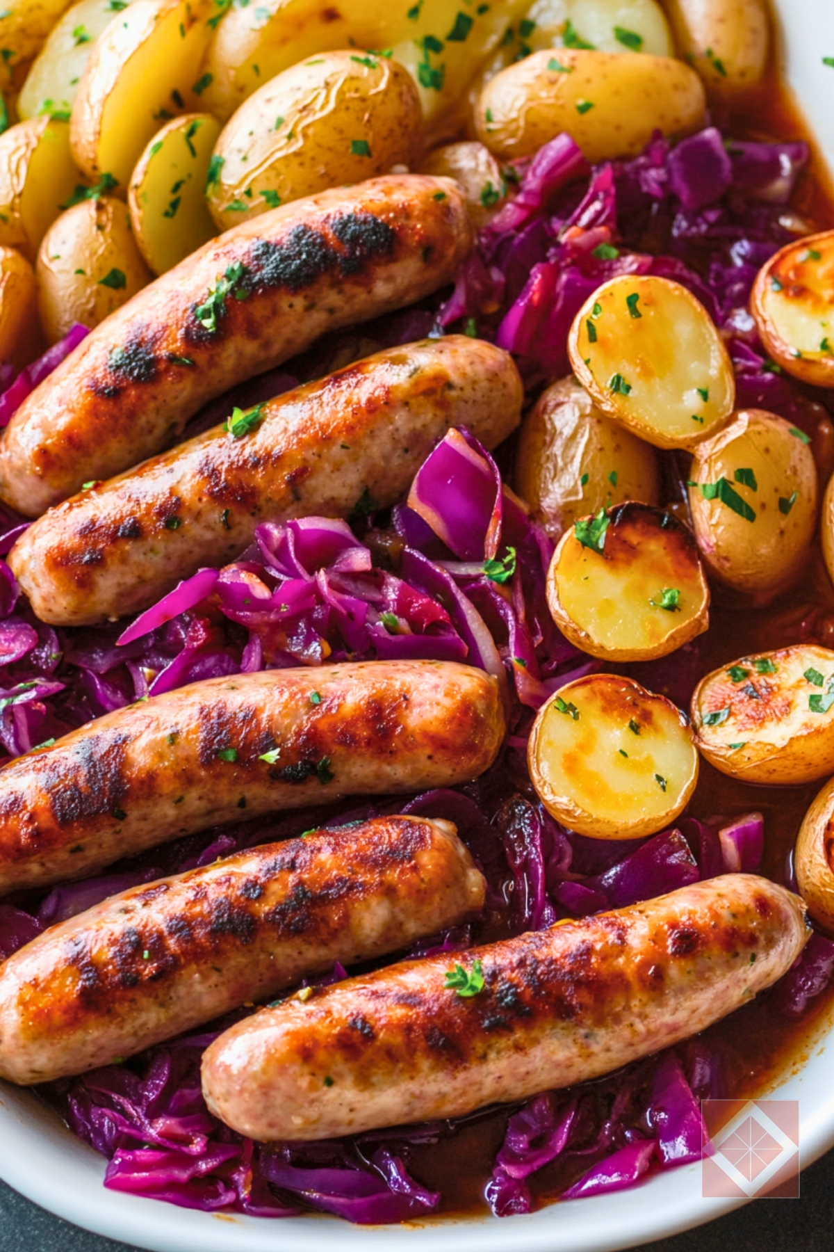 Best Chicken Sausages with Braised Red Cabbage & Potatoes One-Pot Recipe - Chicken Sausages with Braised Red Cabbage and Potatoes pin 1 midia