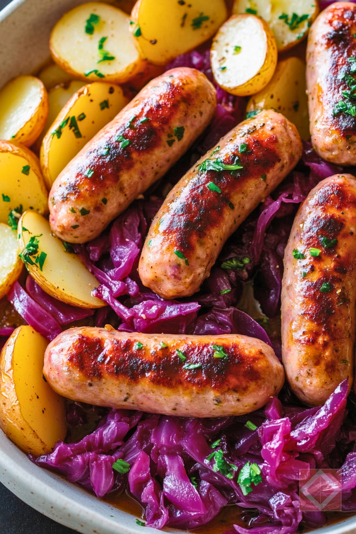 Best Chicken Sausages with Braised Red Cabbage & Potatoes One-Pot Recipe - Chicken Sausages with Braised Red Cabbage and Potatoes pin 2 midia