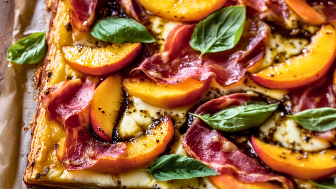 Crispy Prosciutto Tart: An Easy Recipe with Brie & Peaches - Crispy Prosciutto Tart midia
