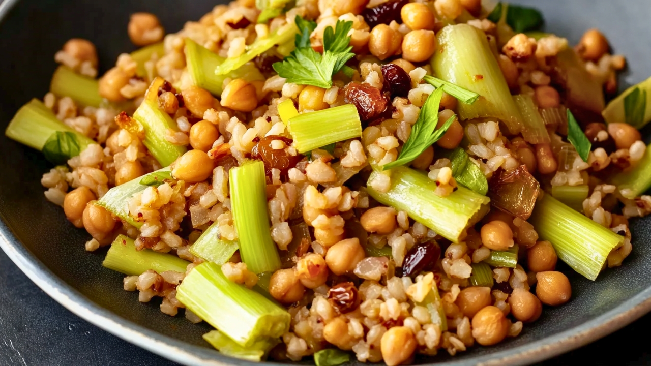 Heart-Healthy Farro Dinner with Crispy Leeks & Chickpeas - Farro Dinner midia