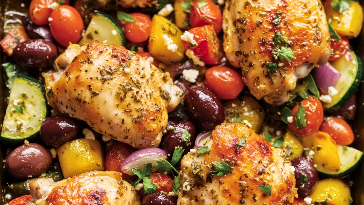 Greek Sheet Pan Chicken with Zucchini, Peppers & Olives - Greek Sheet Pan Chicken midia