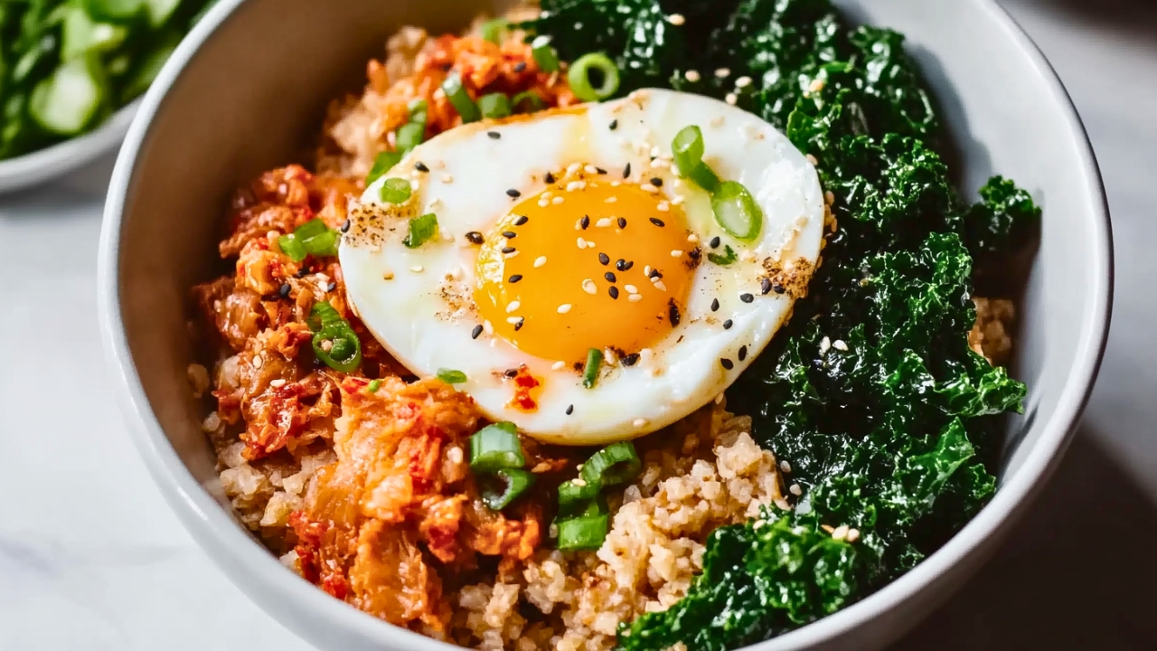 Korean-Inspired Grain Bowl with Kimchi, Kale & Runny Egg - Kimchi Grain Bowl midia