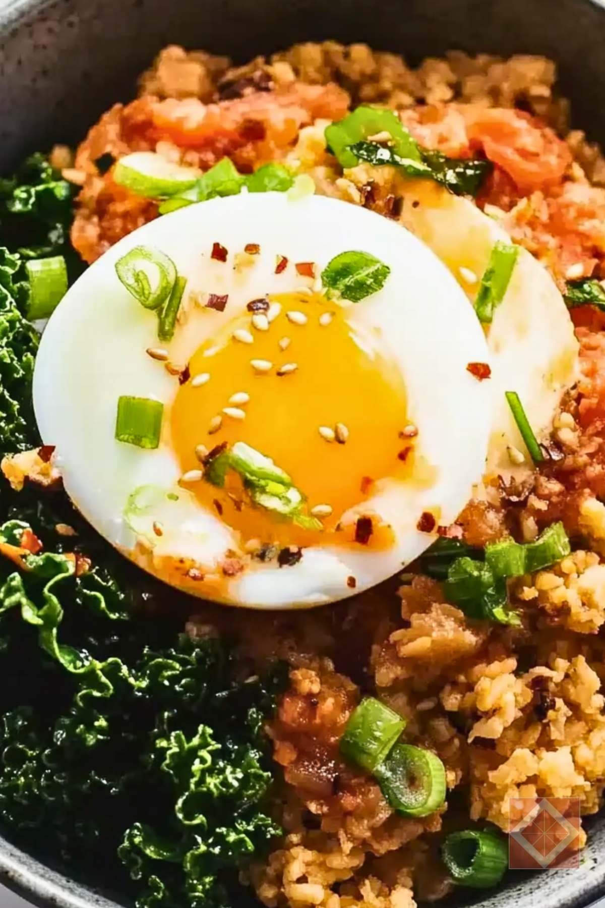 Korean-Inspired Grain Bowl with Kimchi, Kale & Runny Egg - Kimchi Grain Bowl pin 1 midia