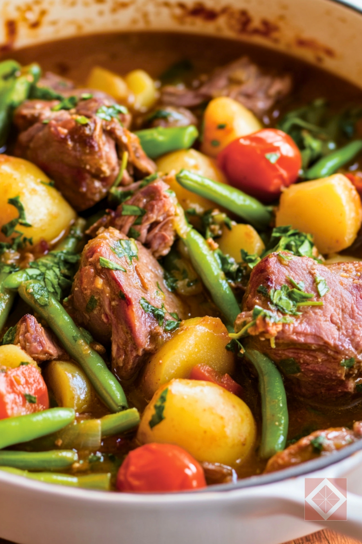 14 Best One-Pot Stews & Chilis to Master in Your Dutch Oven - Lamb Stew with Green Beans Tomatoes and Basil pin 1 midia