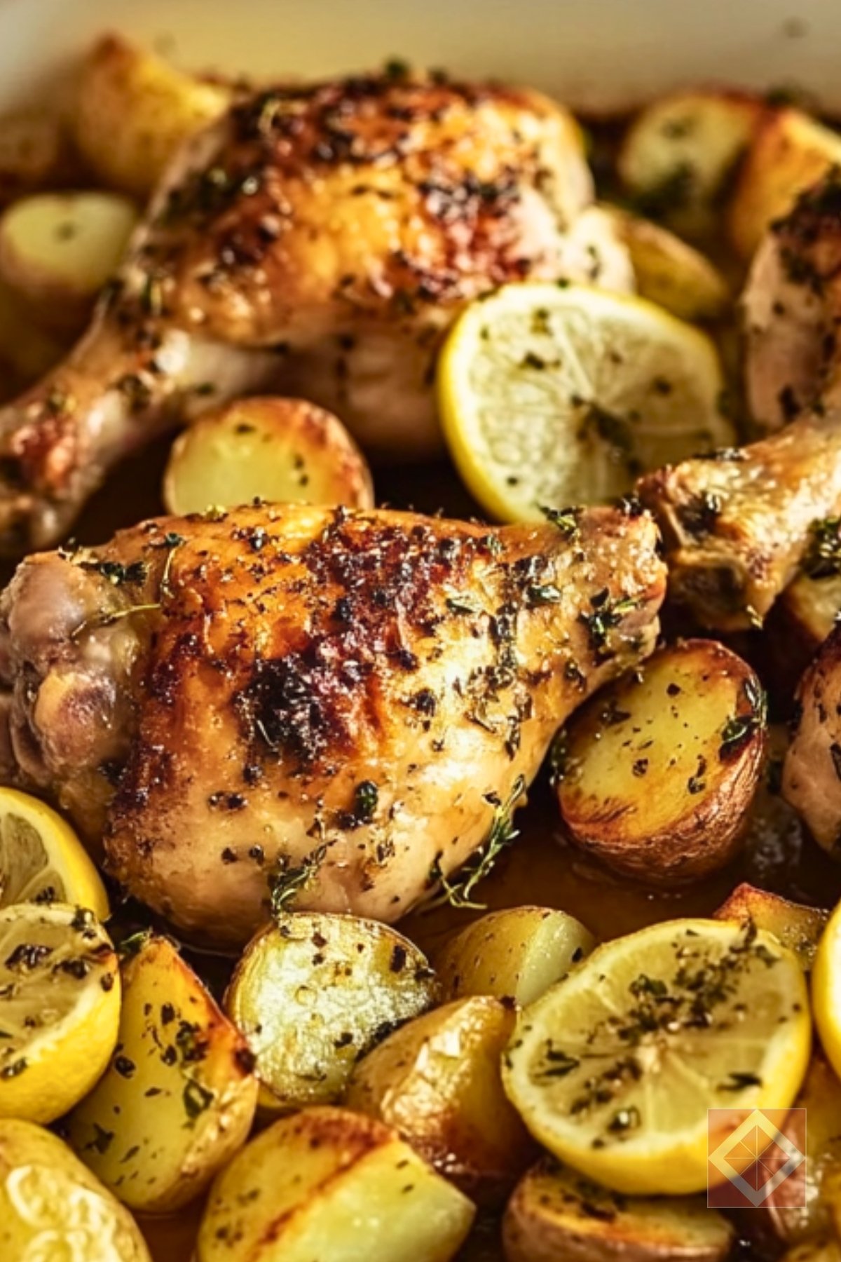 14 High-Protein Meat Recipes That Are Actually Healthy (And Crazy Delicious!) - Lemon Oregano Roasted Chicken Legs and Potatoes pin 1 midia