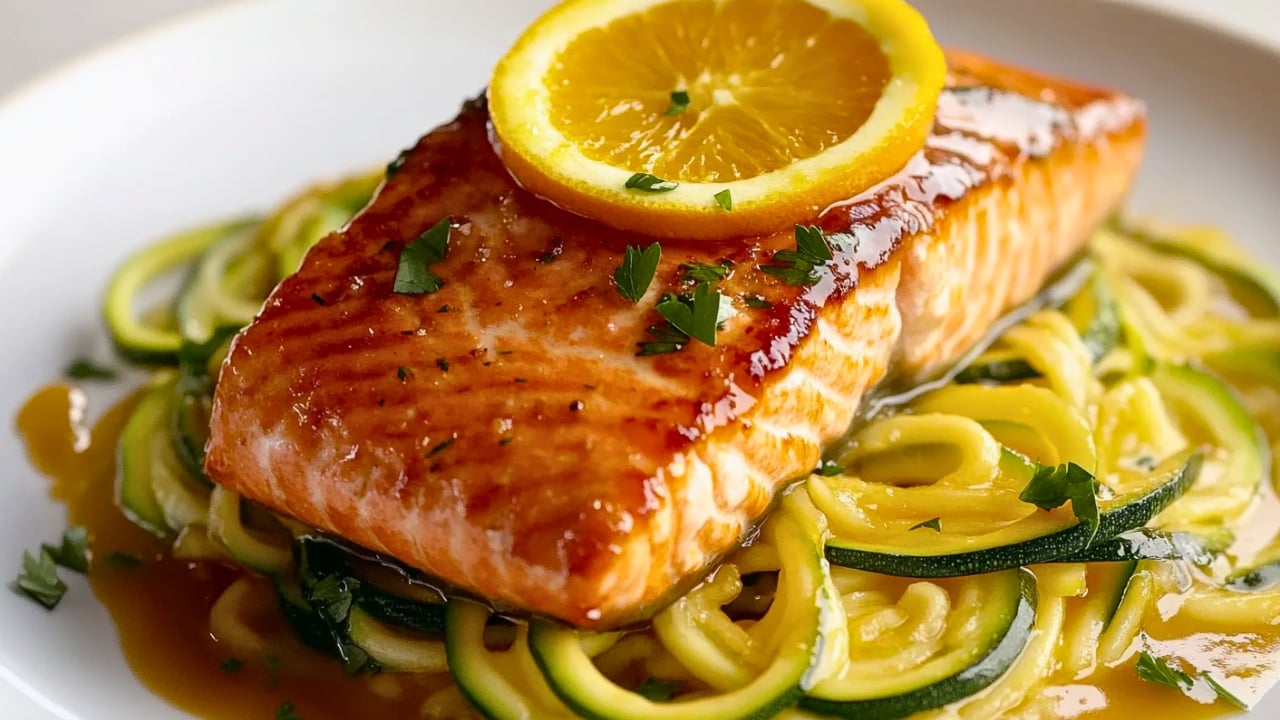 Low-Sodium Citrus-Glazed Salmon for the DASH Diet - Citrus Glazed Salmon with Zucchini Noodles midia