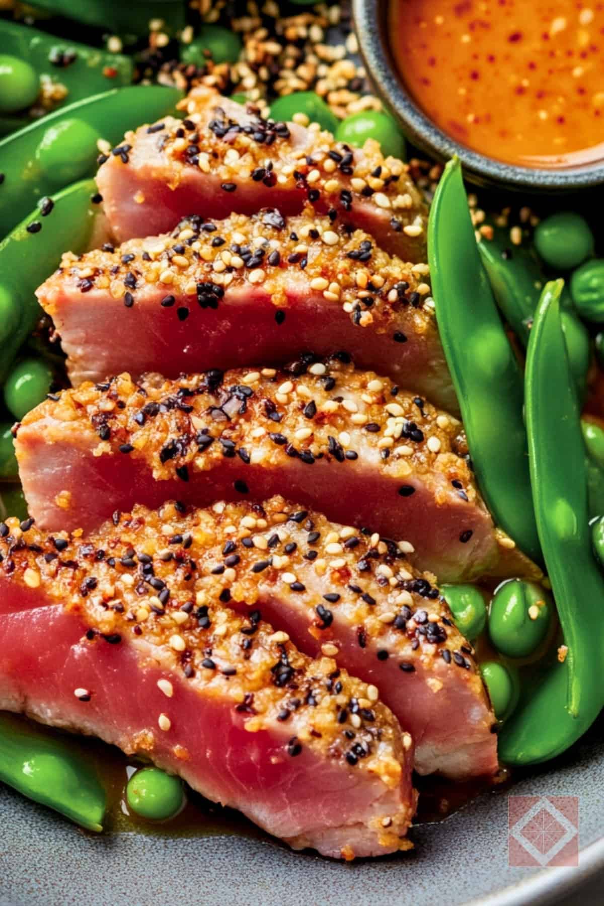 15 Min Everything Tuna Made Easy with Simple Ingredients - Everything Crusted Tuna Recipe with Snap Peas Tahini Jang Sauce pin 1 midia 1