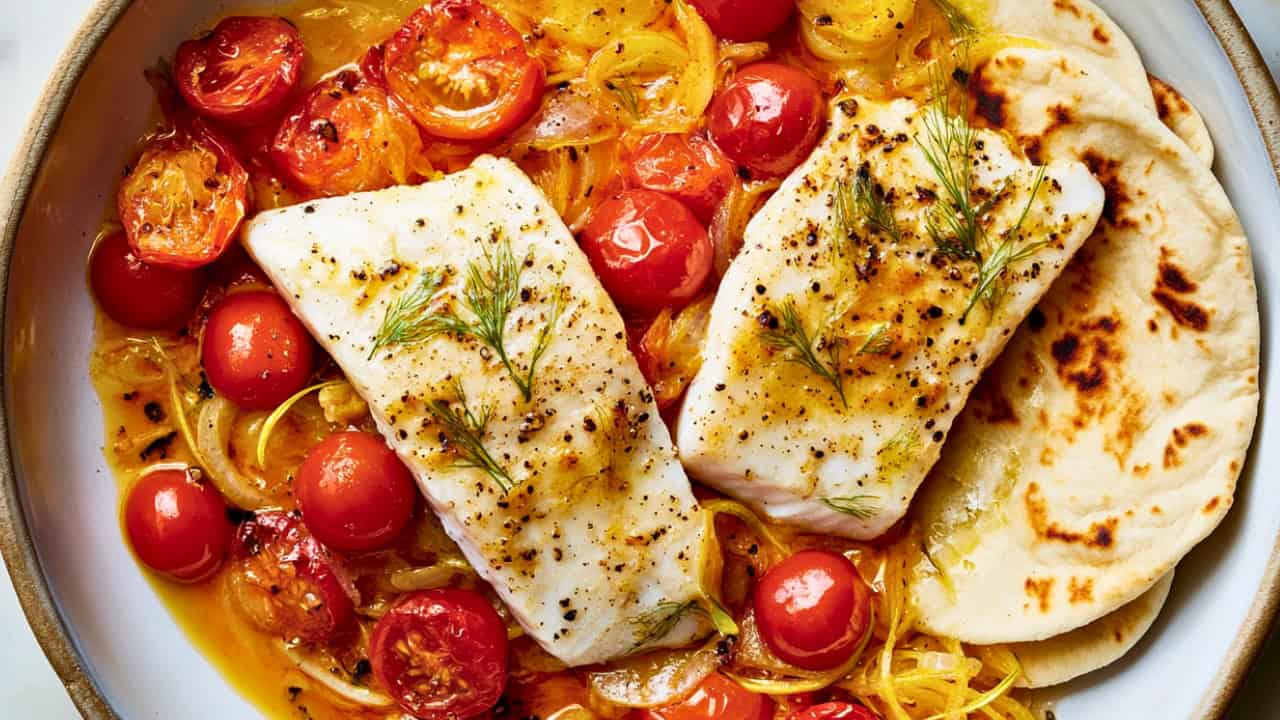 15 Min Mediterranean Fish with Saffron-Infused Tomatoes - Fish Recipe with Saffron Cherry Tomatoes midia
