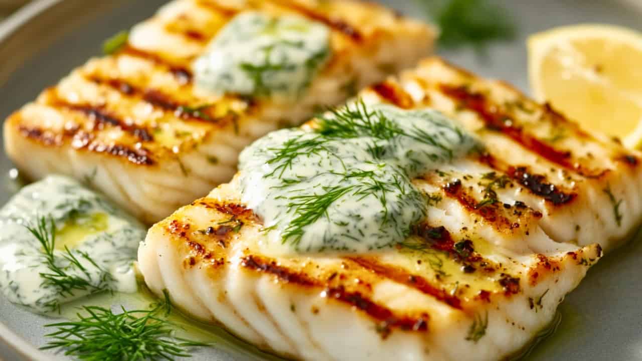 Easy Grilled Halibut Recipe with a Light & Fresh Sauce - Grilled Halibut with Lemon Dill Sauce midia