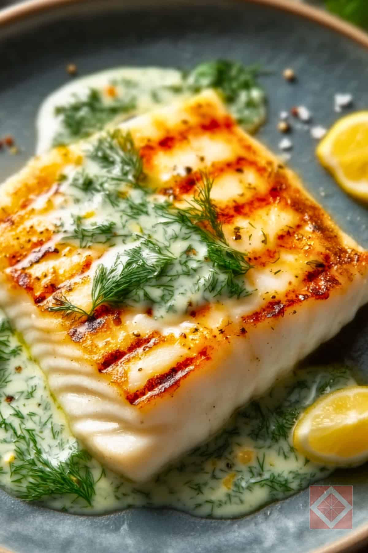Easy Grilled Halibut Recipe with a Light & Fresh Sauce - Grilled Halibut with Lemon Dill Sauce pin 1 midia