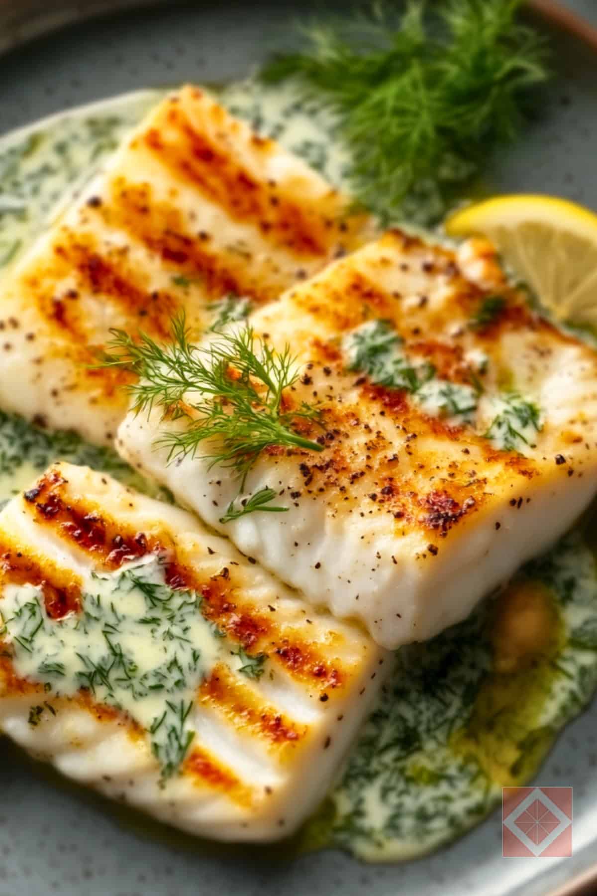 Easy Grilled Halibut Recipe with a Light & Fresh Sauce - Grilled Halibut with Lemon Dill Sauce pin 2 midia