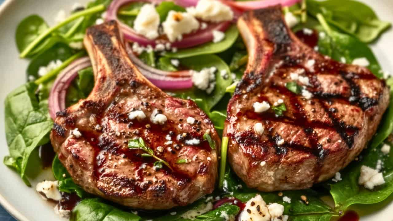 High Protein Lamb Chops with a Fresh Spinach Salad