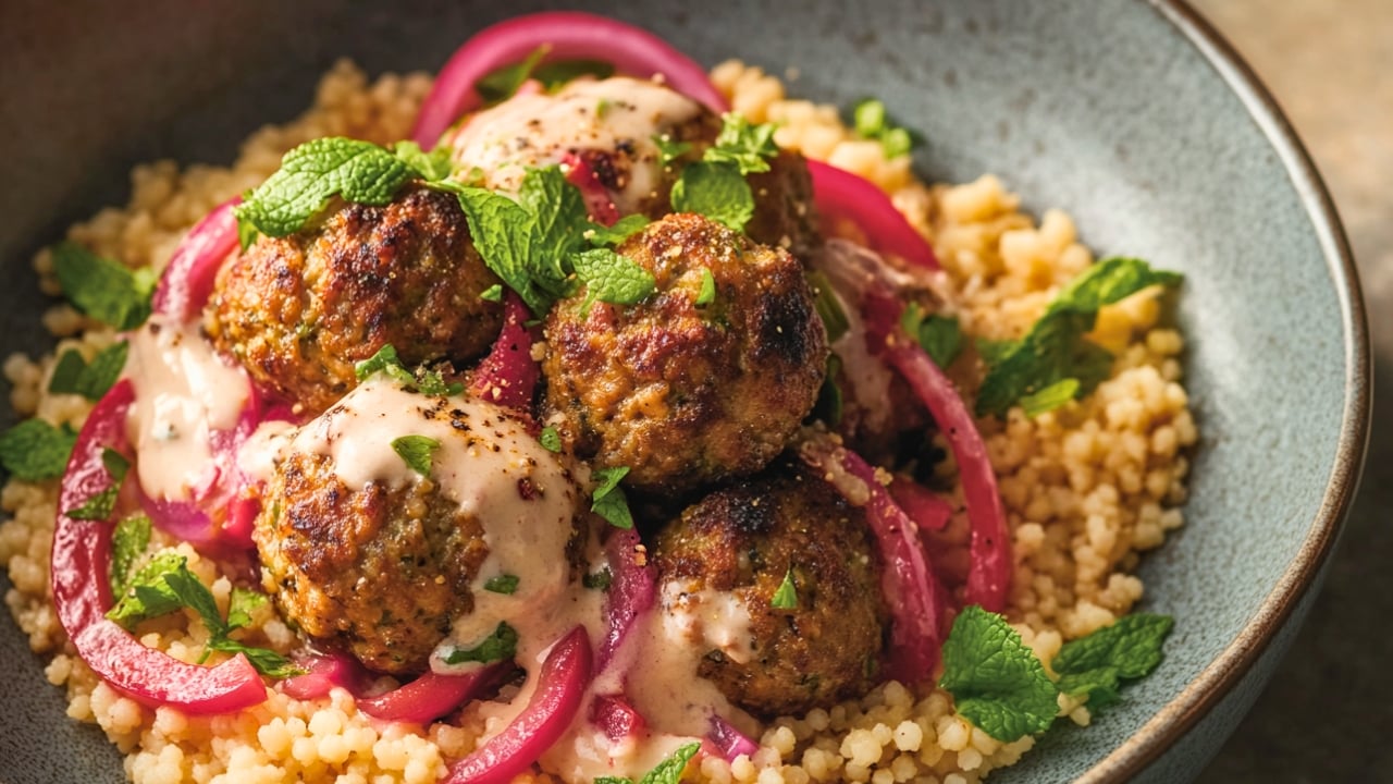 Simple Lamb Meatballs with Couscous & Pickled Onions - Lamb Meatballs with Couscous and Pickled Onions One Pot midia