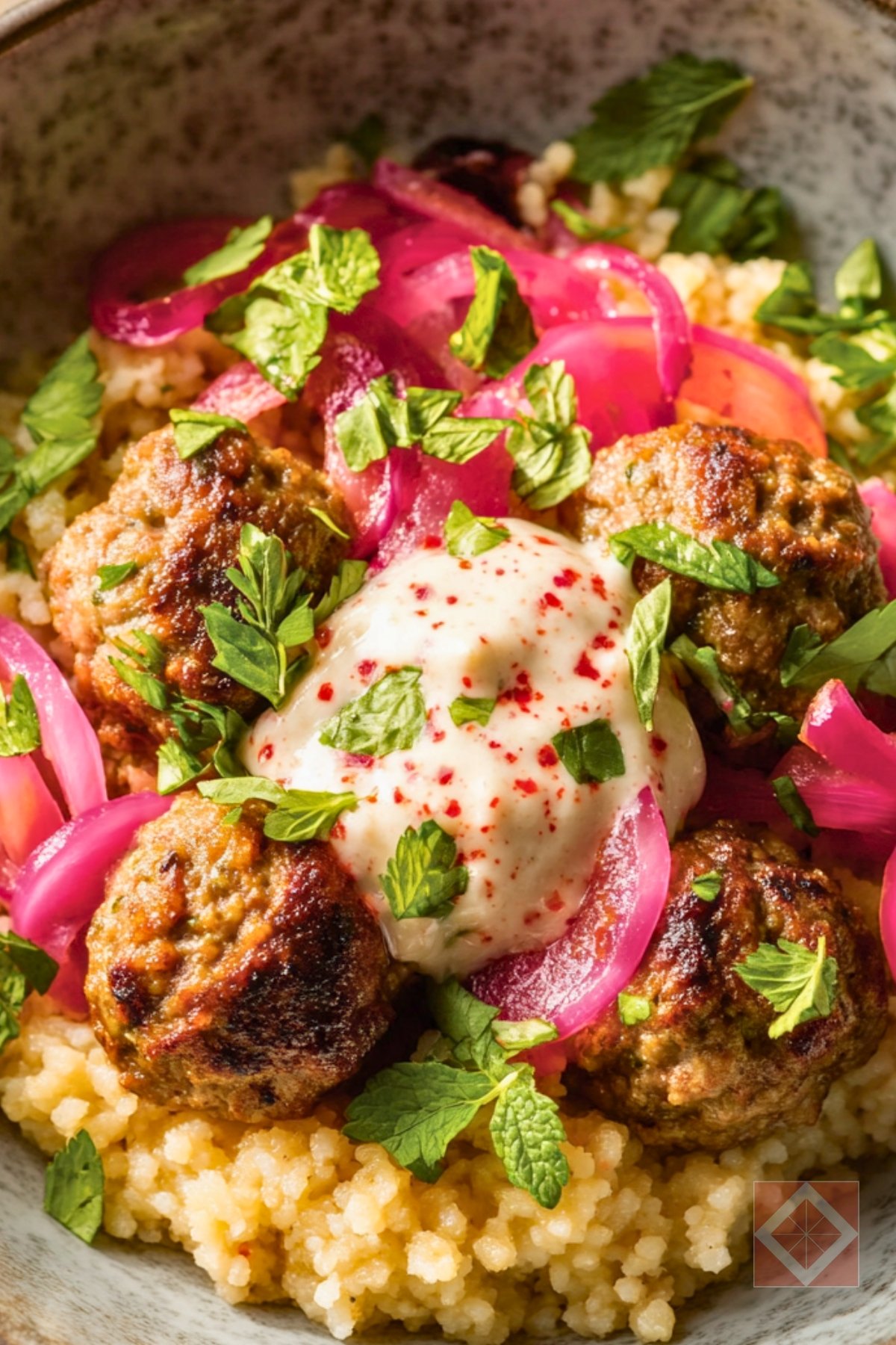 Simple Lamb Meatballs with Couscous & Pickled Onions - Lamb Meatballs with Couscous and Pickled Onions One Pot pin 2 midia