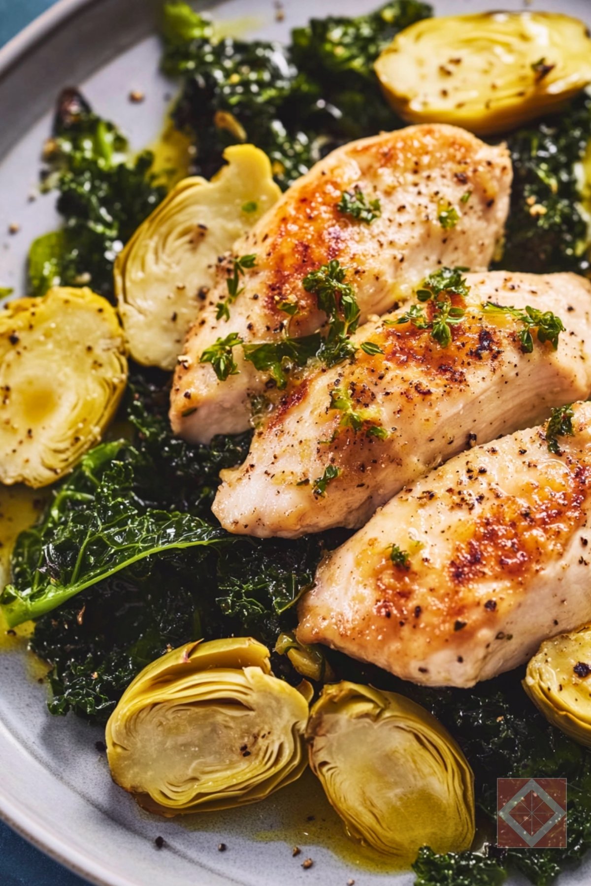 Lemon Chicken with Artichokes & Kale for DASH Diet - Lemon Chicken with Artichokes and Crispy Kale pin 1 midia