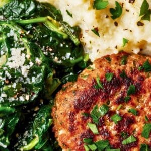Juicy Herbed Turkey Patties with a Low-Carb Side - Lemony Herby Turkey Patties with Cauliflower Mash Sauteed Spinach midia