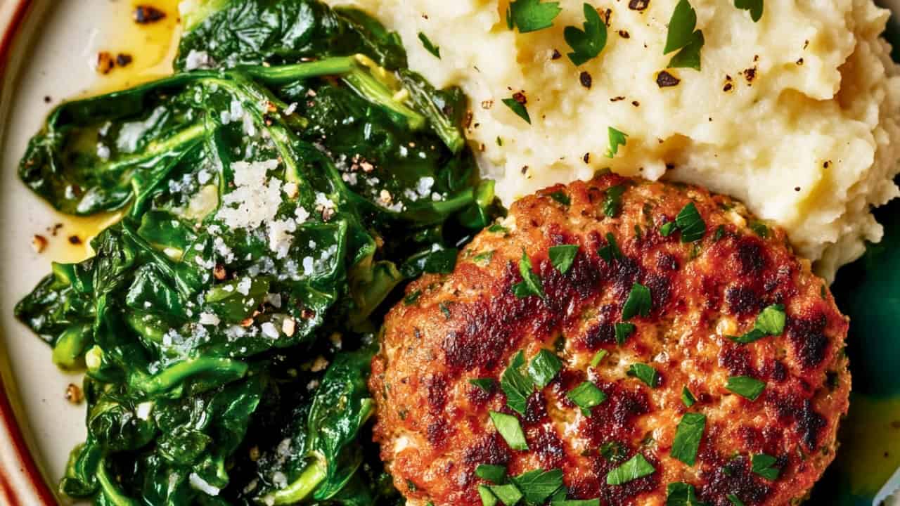 Juicy Herbed Turkey Patties with a Low-Carb Side - Lemony Herby Turkey Patties with Cauliflower Mash Sauteed Spinach midia