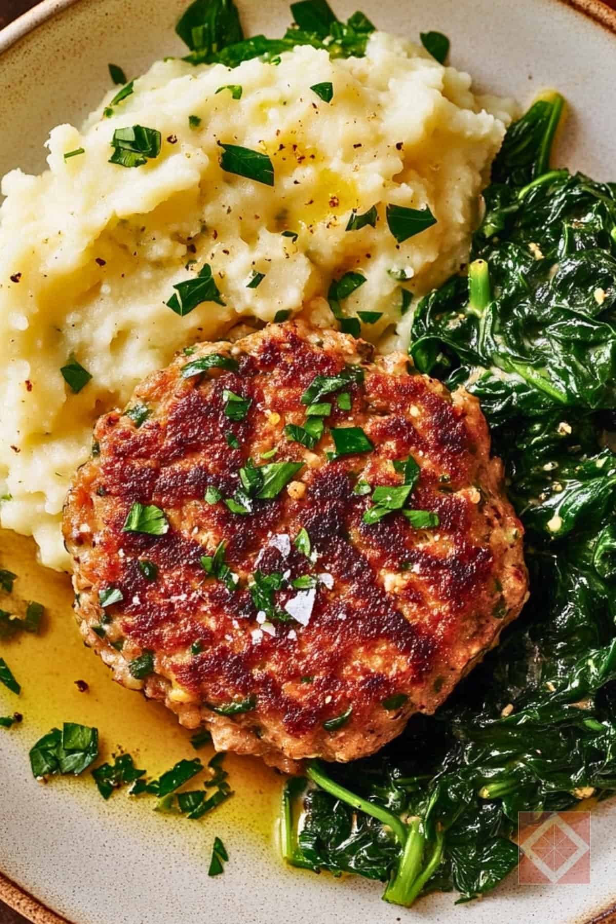 Juicy Herbed Turkey Patties with a Low-Carb Side - Lemony Herby Turkey Patties with Cauliflower Mash Sauteed Spinach pin 1 midia 1