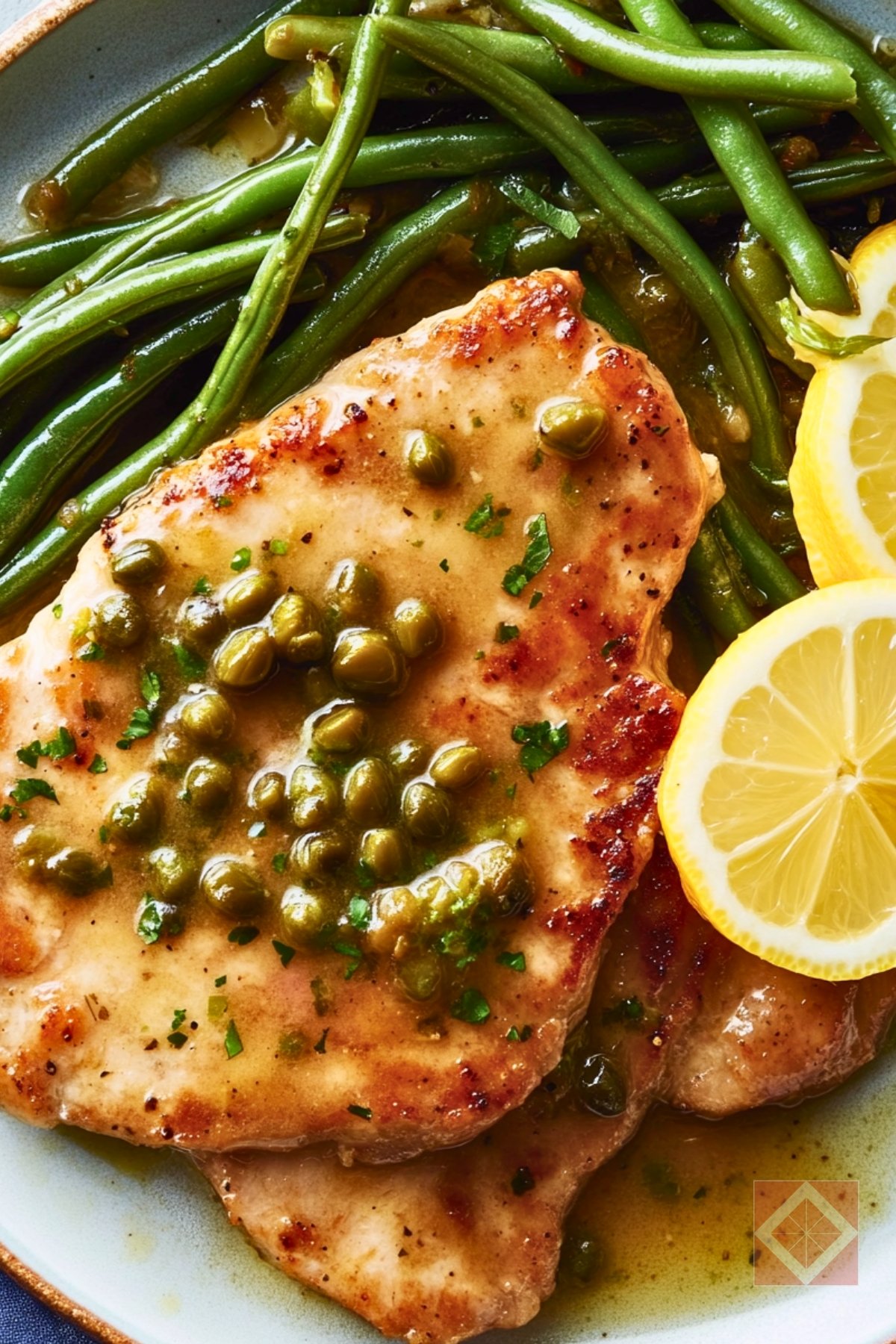 Best Pan-Seared Pork Cutlets with Lemon-Caper Green Beans for Two One-Pot Recipe - Pan Seared Pork Cutlets with Lemon Caper Green Beans pin 1 midia