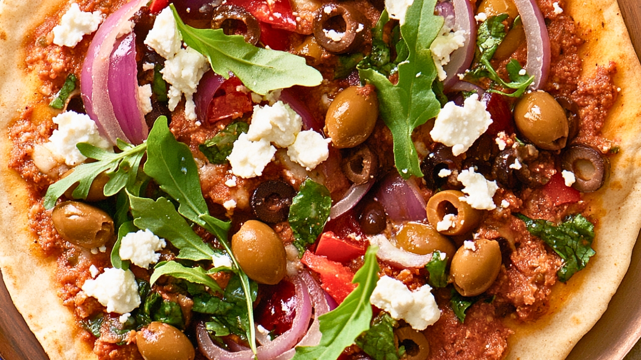 Feta & Olive Pita Pizza That's DASH Diet Approved - Pita Pizza with Olives Feta and Red Onion midia