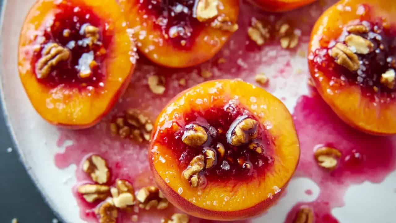 Raspberry-Glazed Peaches with Walnuts for Two Dessert: Easy One-Pot Dessert Recipe - Raspberry Glazed Peaches with Walnuts midia