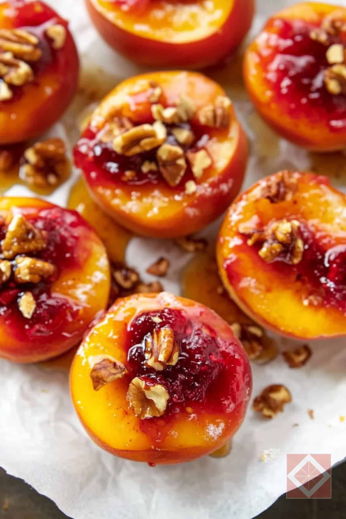 Raspberry-Glazed Peaches with Walnuts for Two Dessert: Easy One-Pot Dessert Recipe - Raspberry Glazed Peaches with Walnuts pin 1 midia