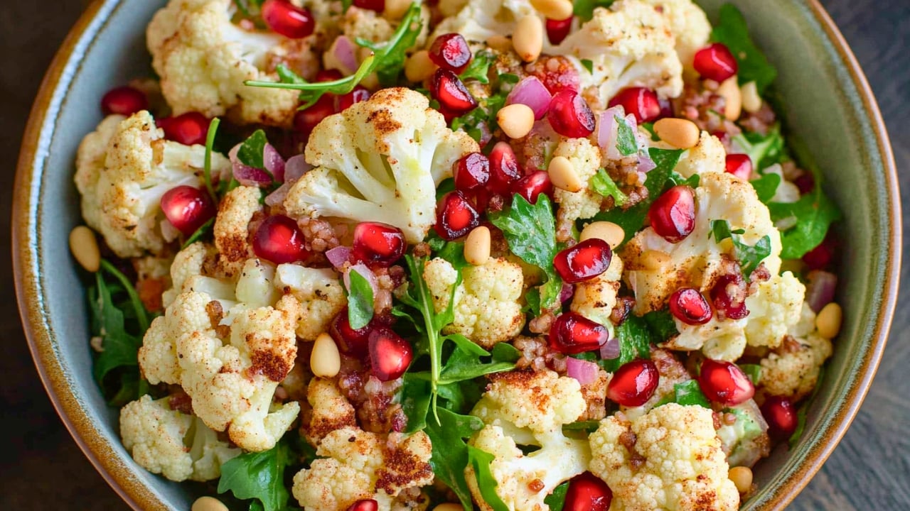 Roasted Cauliflower Salad for a Balanced DASH Diet - Roasted Cauliflower and Arugula Salad with Pomegranate and Pine Nuts midia