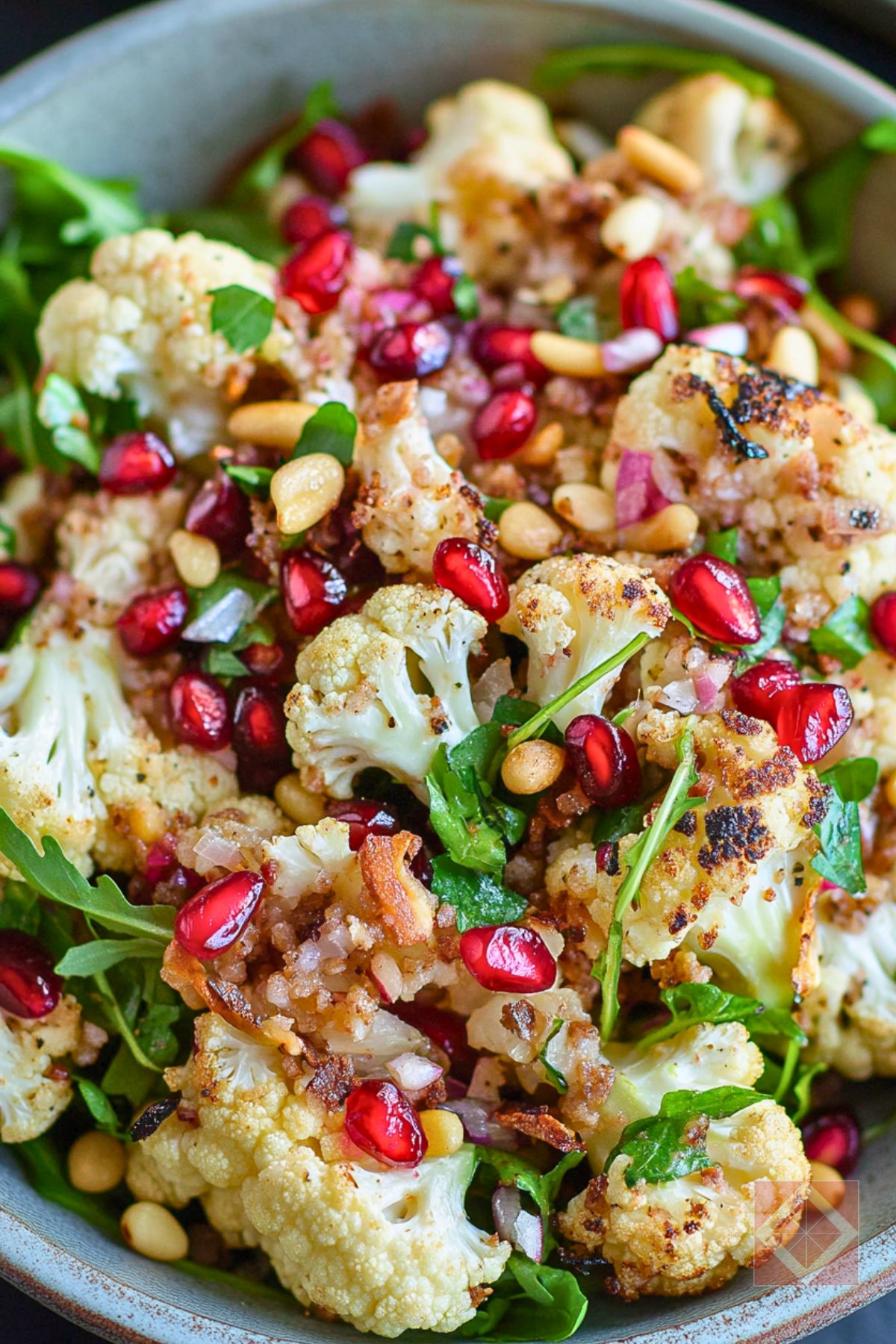 Roasted Cauliflower Salad for a Balanced DASH Diet - Roasted Cauliflower and Arugula Salad with Pomegranate and Pine Nuts pin 1 midia