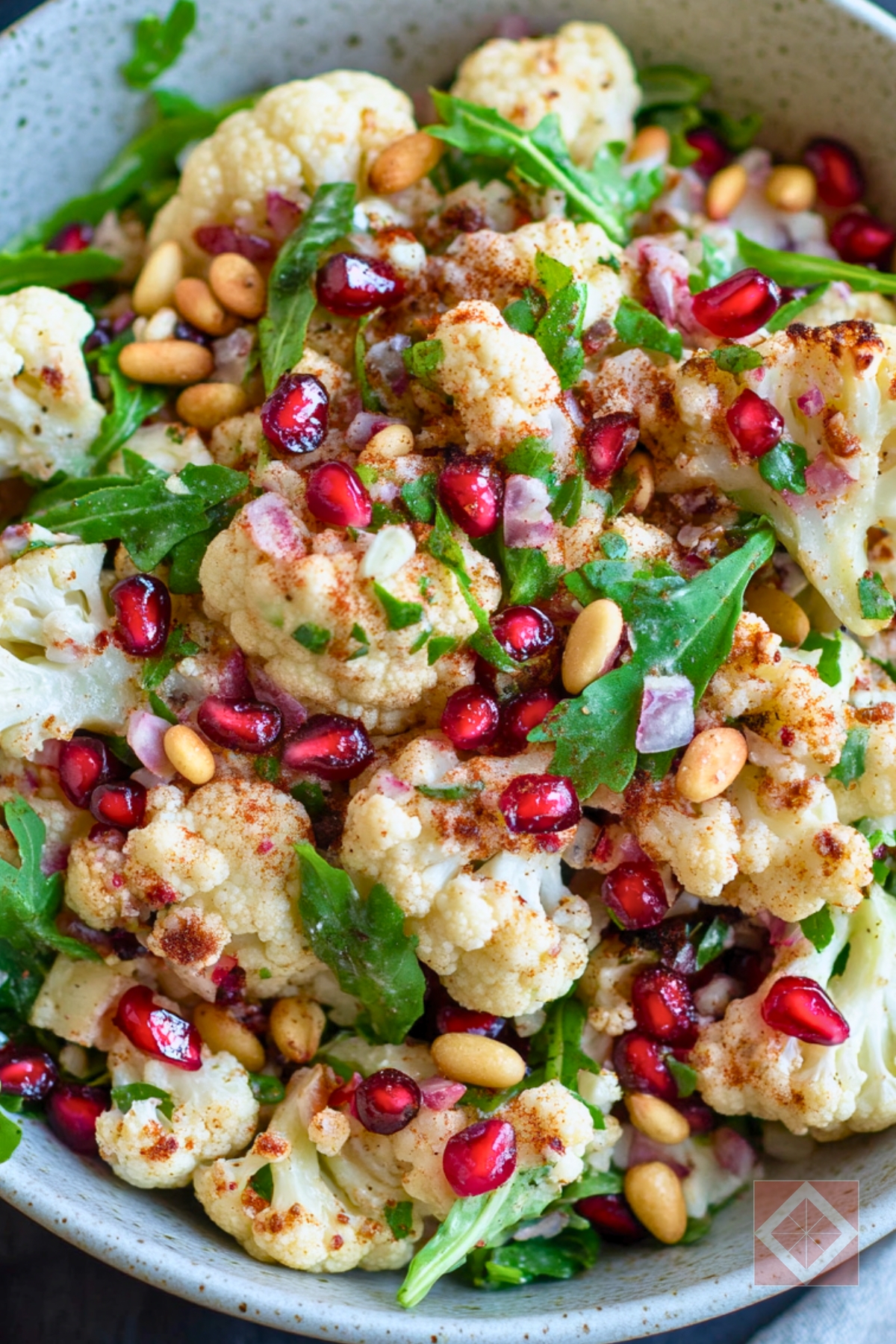 Roasted Cauliflower Salad for a Balanced DASH Diet - Roasted Cauliflower and Arugula Salad with Pomegranate and Pine Nuts pin 2 midia