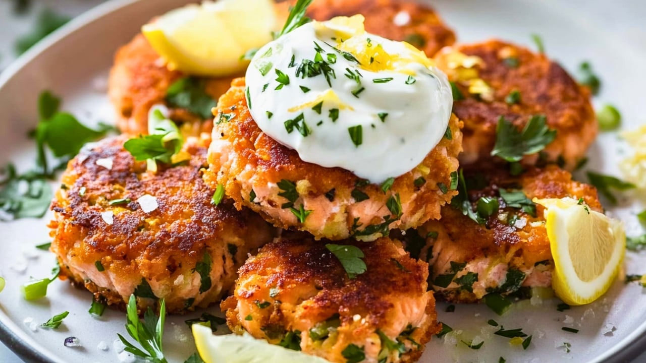 Lemon-Pepper Salmon Cakes for a DASH Diet Plan - Salmon Cakes with Bell Pepper and Lemon Yogurt midia