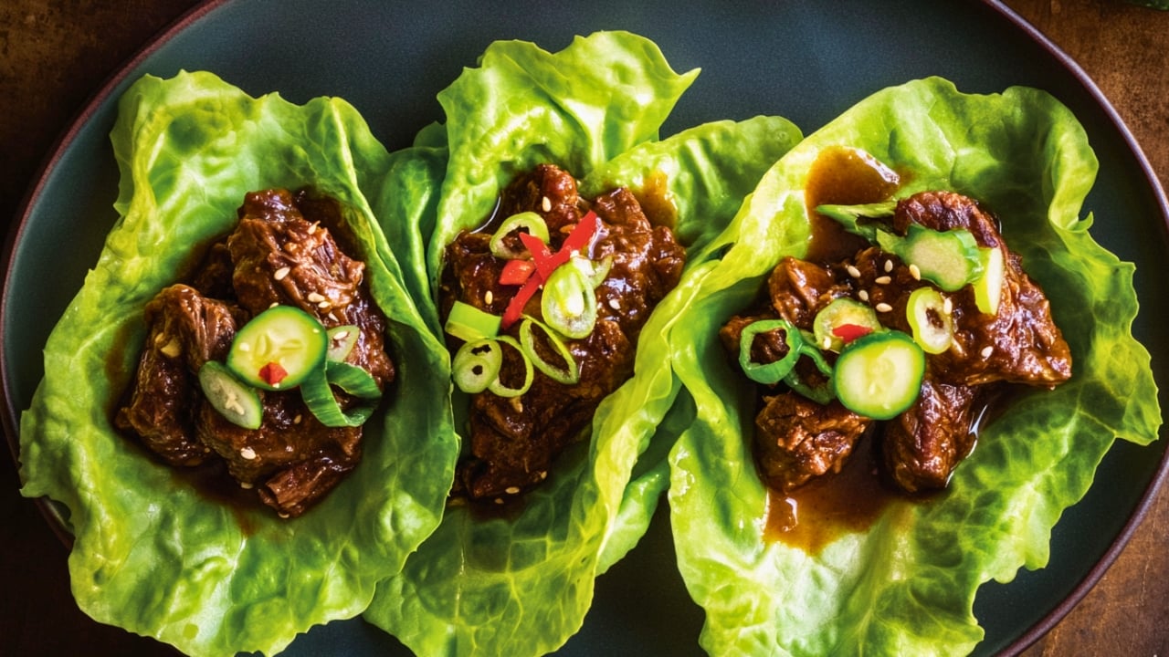Easy Shredded Beef Lettuce Wraps with Pickled Cucumber & Bean Sprouts - Shredded Beef Lettuce Wraps with Pickled Cucumber and Bean Sprouts One Pot midia