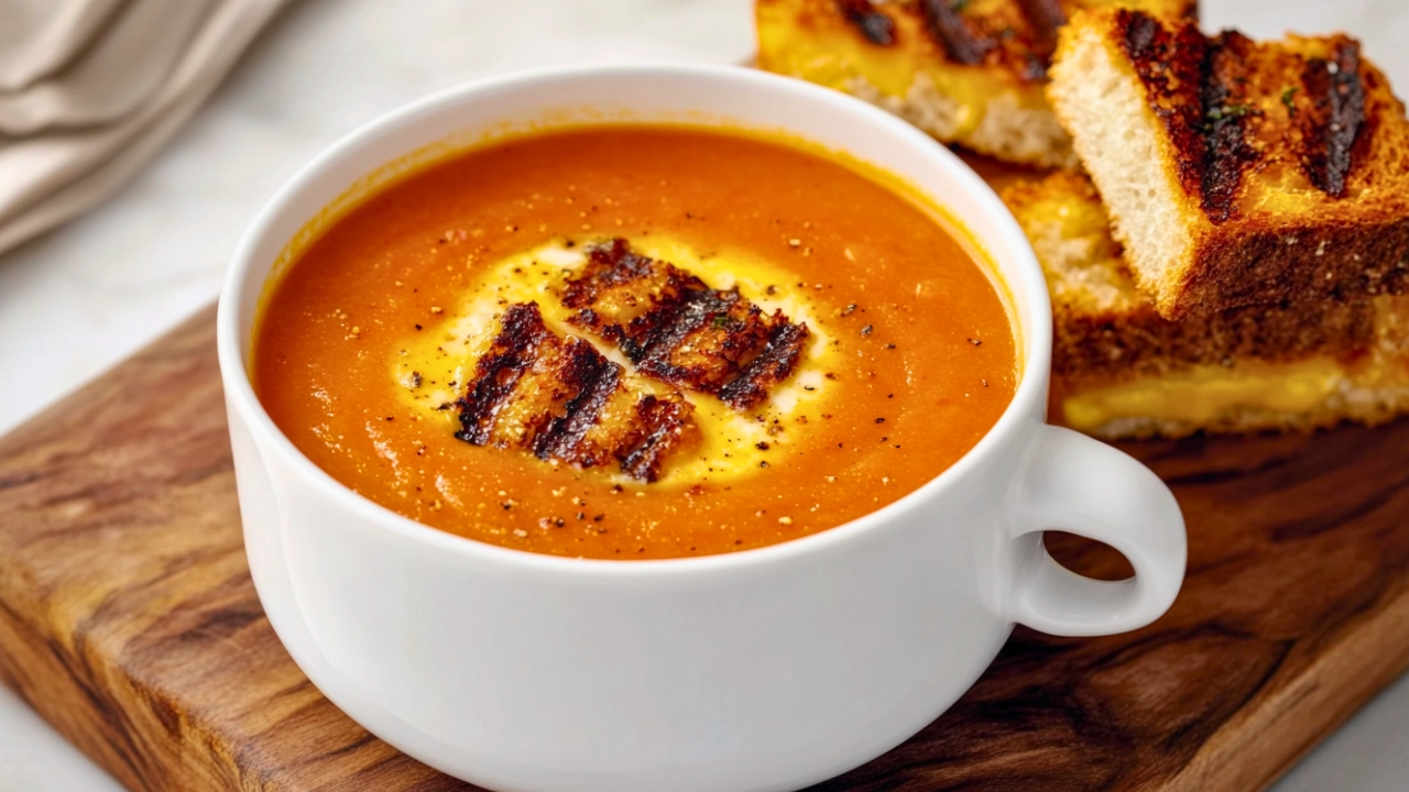 Silky Tomato Soup with Crunchy Cheese Croutons - Tomato Soup with Grilled Cheese Croutons midia