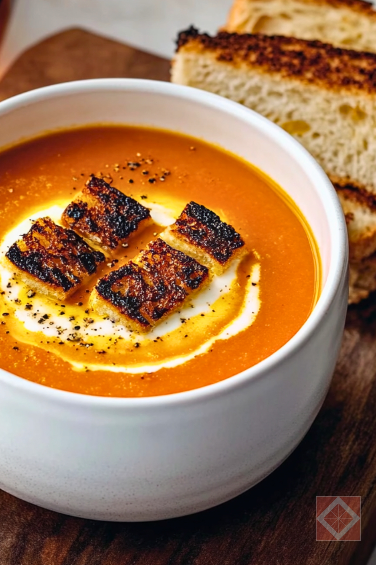 Silky Tomato Soup with Crunchy Cheese Croutons - Tomato Soup with Grilled Cheese Croutons pin 1 midia