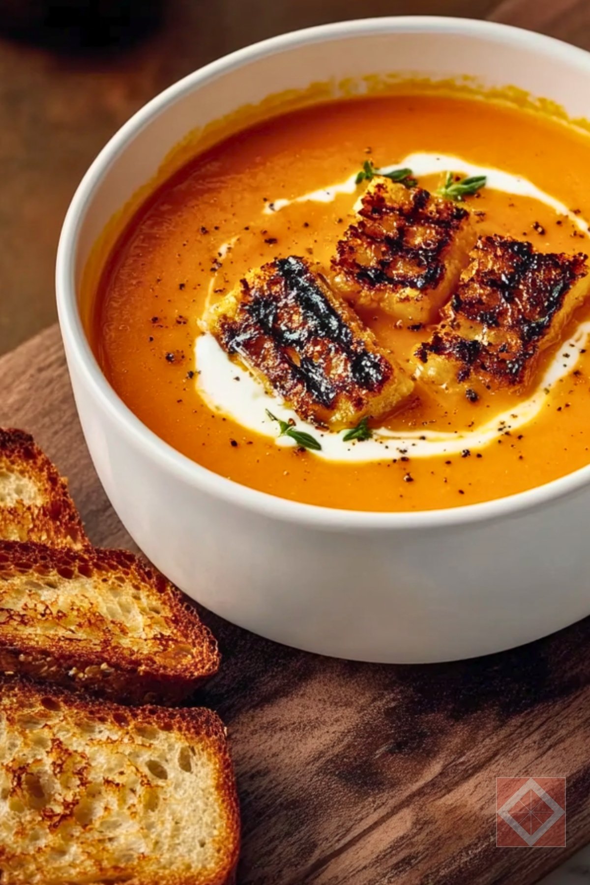 Silky Tomato Soup with Crunchy Cheese Croutons - Tomato Soup with Grilled Cheese Croutons pin 3 midia