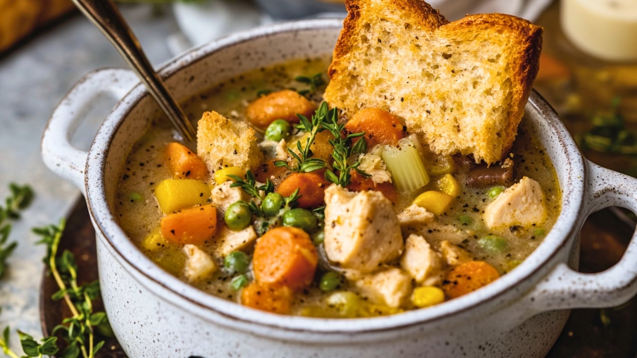 The Chicken Pot Pie Stew You’ll Want Every Rainy Day - Chicken Pot Pie Stew with Buttery Garlic Crust Croutons midia