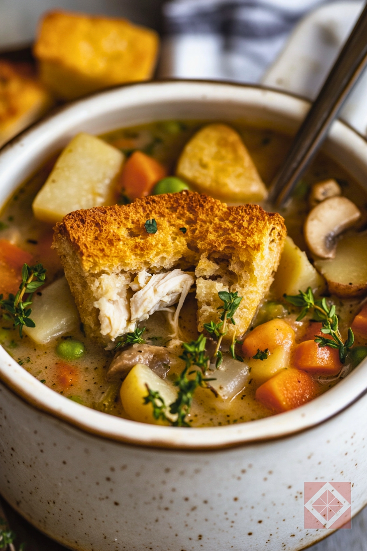 The Chicken Pot Pie Stew You’ll Want Every Rainy Day - Chicken Pot Pie Stew with Buttery Garlic Crust Croutons pin 1 midia