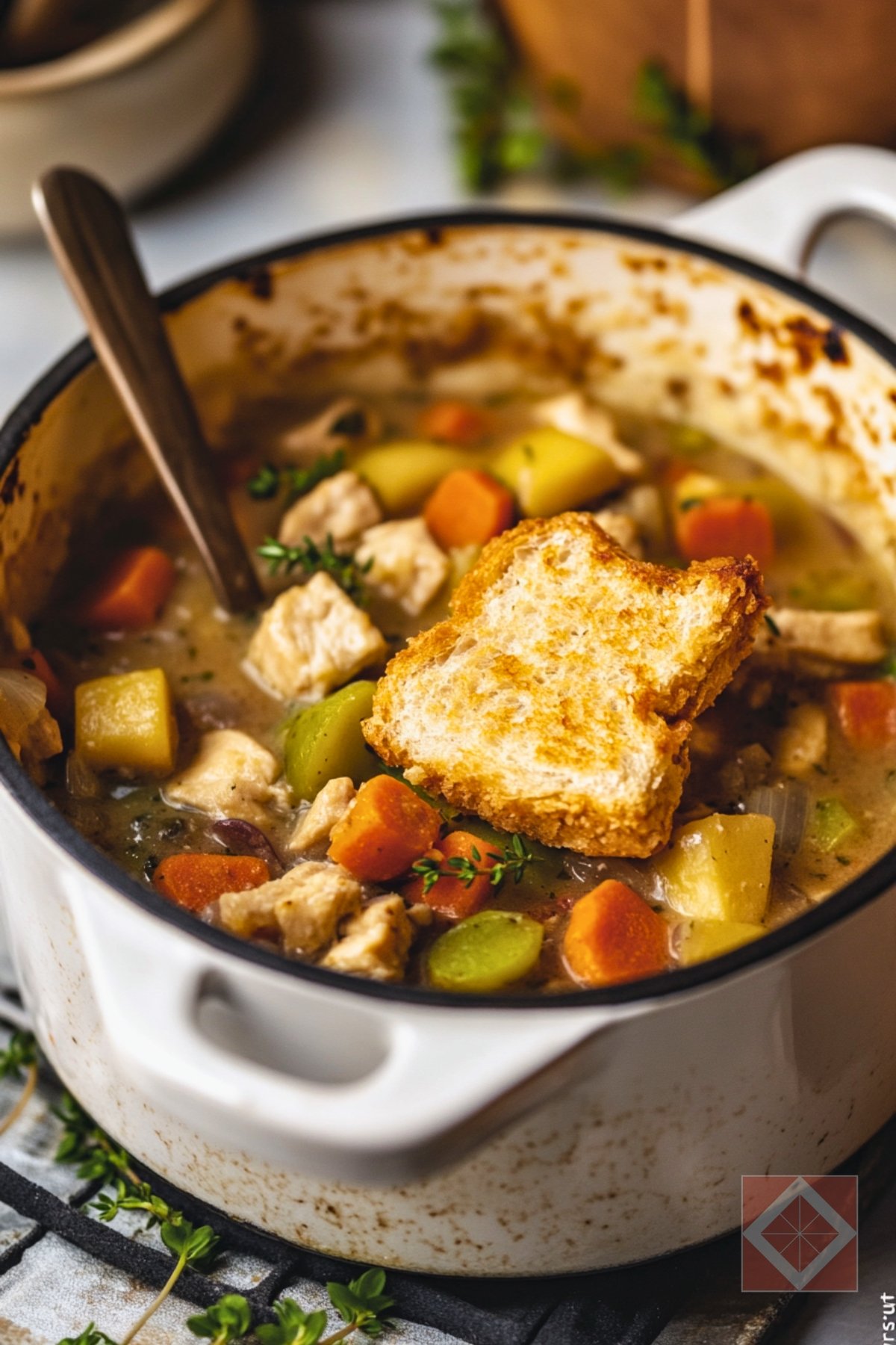 The Chicken Pot Pie Stew You’ll Want Every Rainy Day - Chicken Pot Pie Stew with Buttery Garlic Crust Croutons pin 2 midia