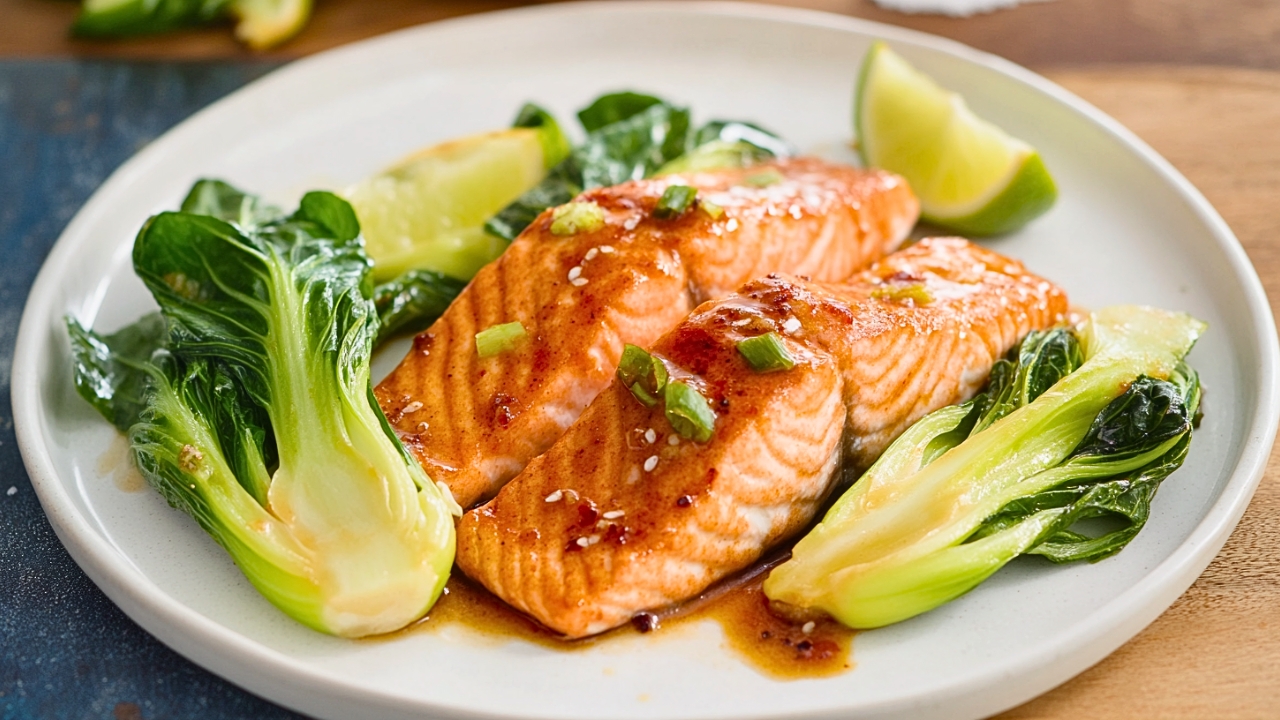 Spicy-Sweet Salmon Recipe for Two: Ready in 30 Minutes - Chili Glazed Salmon with Bok Choy midia